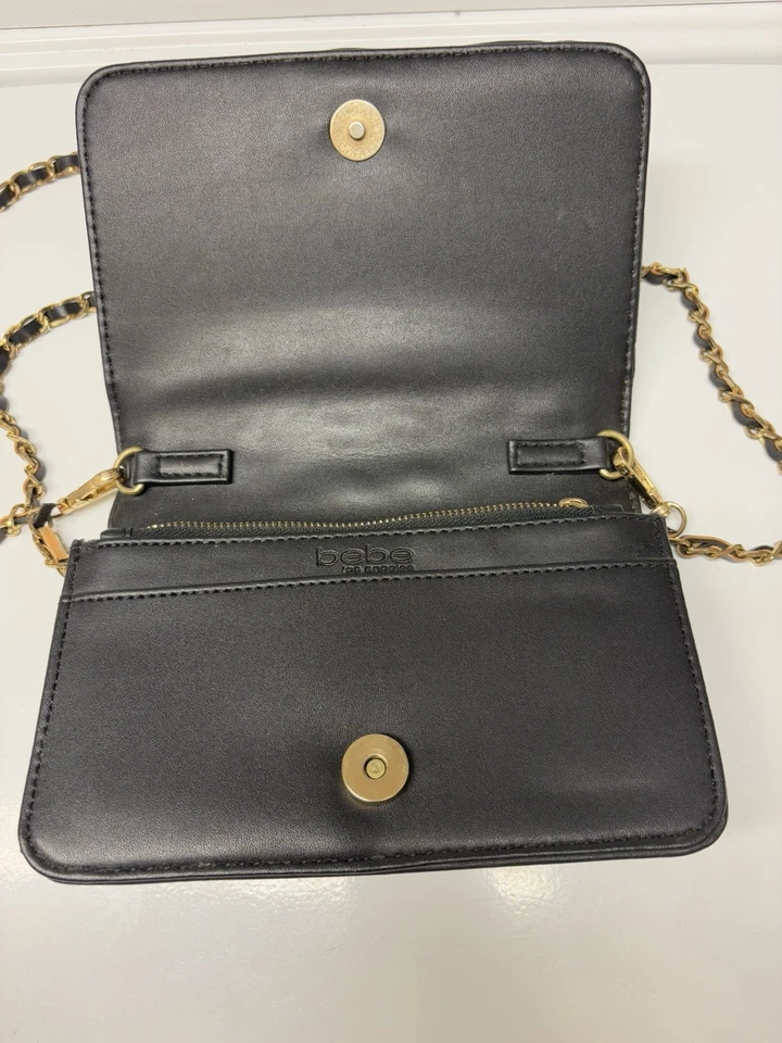 BEBE Black Quilted Green Stitch Shoulder Bag Crossbody Purse Gold Chain Clutch - Image 3 of 4