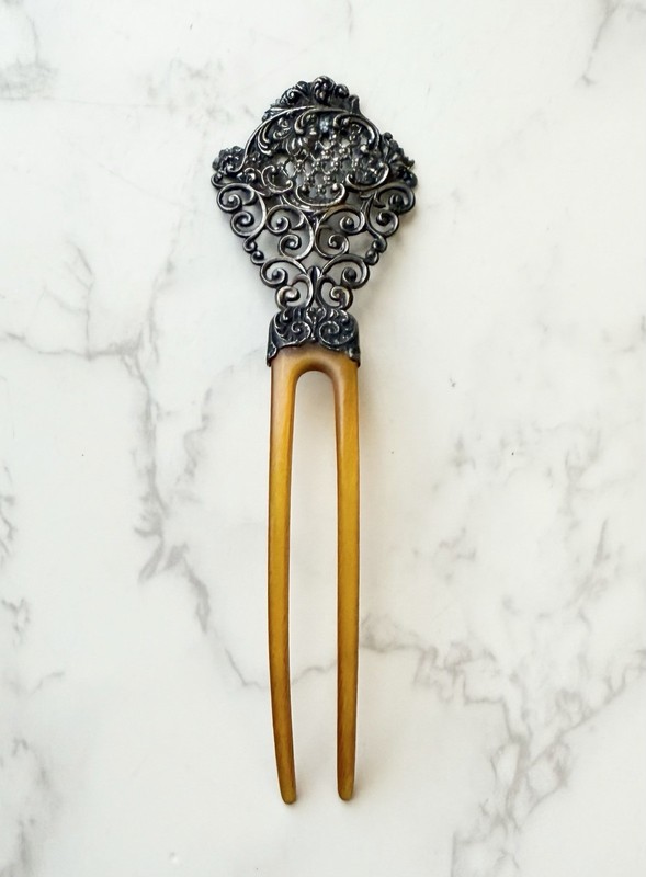Antique Victorian Edwardian Era Hair Comb Sterling Filigree Silver & Celluloid
