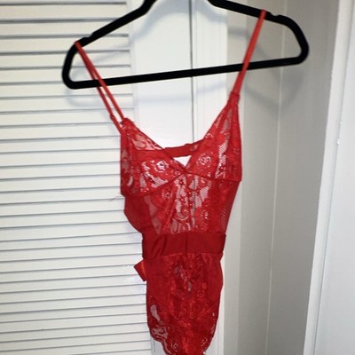 Women s Red & Black Floral Sheer Teddy Bodysuit, Bow, Adjustable Straps, 2 Pack