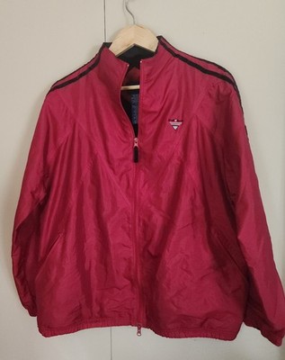 O11 Catalina Activewear red zip up  jacket Rain Coat w/Black Stripes & Pockets