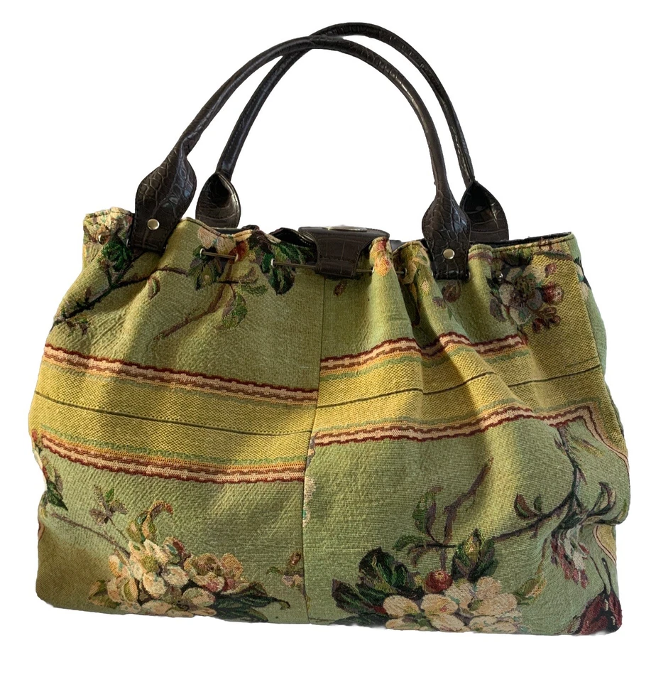 Mellow World Hand Beaded Floral Tapestry XL Weekender Tote Bag Faux Emboss Croc - Image 2 of 4