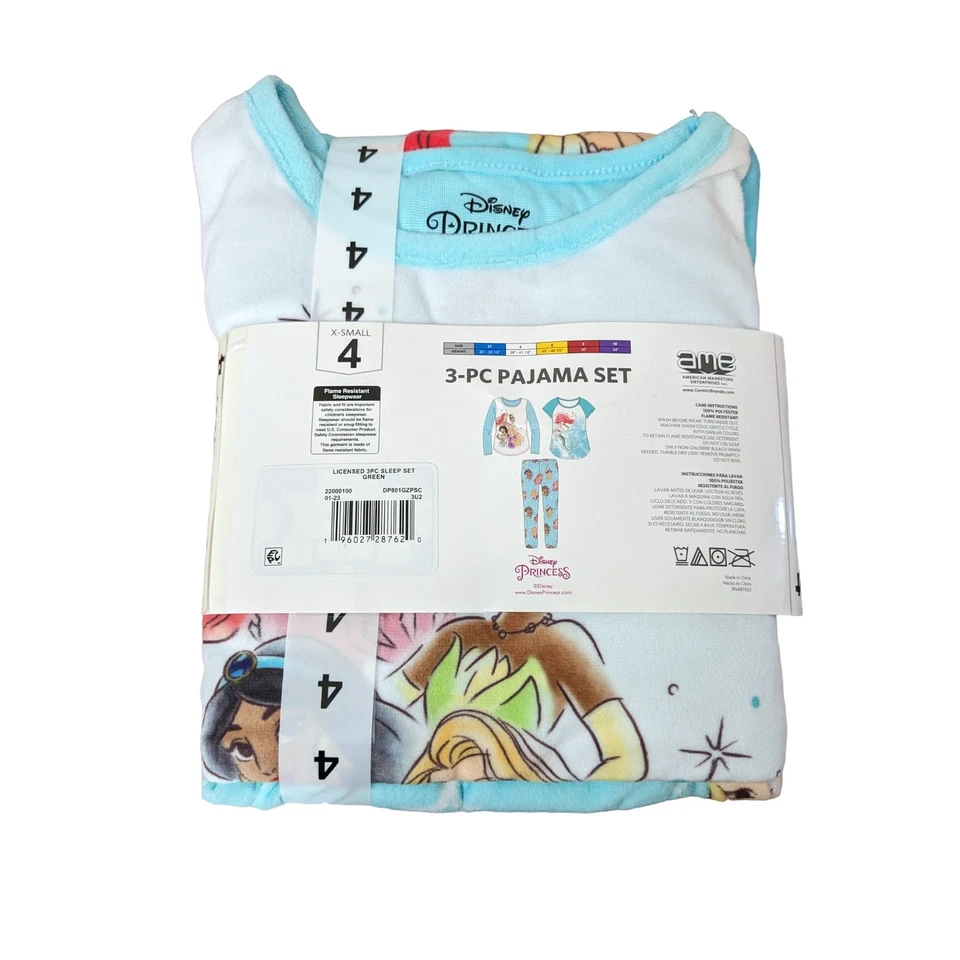 Disney Princess 3Pc Pajama Set XS 4 Ariel Tiana Rapunzel Little Mermaid Girls PJ - Image 4 of 4