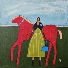 Painting Original Woman Horse Portrait Canvas Outsider Whimsical 10x10 Art 