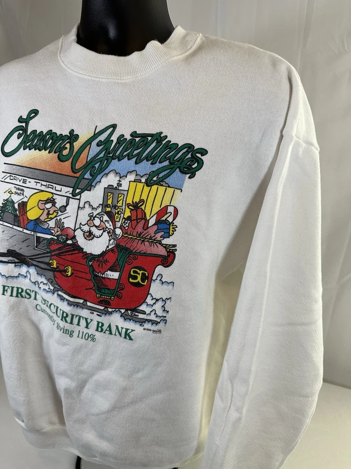 Sudadera grande vintage Lee para hombre temporadas saludos First National Bank NAVIDAD Foto 2 de 4