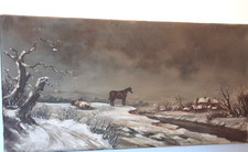 Vintage Oil on Canvas Painting of Horse And Cattle Rural Snowy Scene