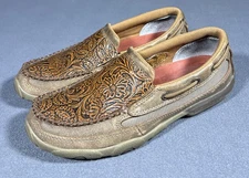 Twisted X Shoes Womens 8M Brown Slip On Driving Mocs Tooled Leather Floral *READ