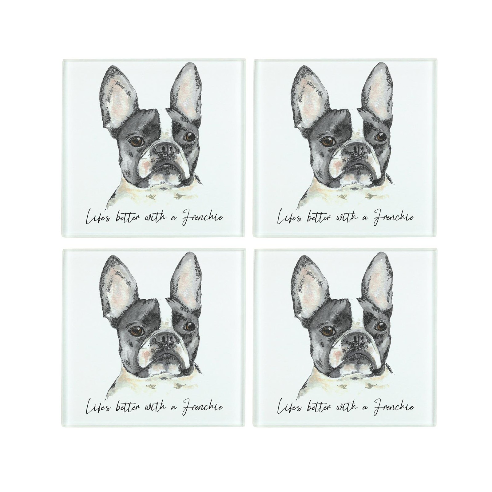 Frenchie Coaster Set - Life's Better With a Dog Glass Square Coasters Gift