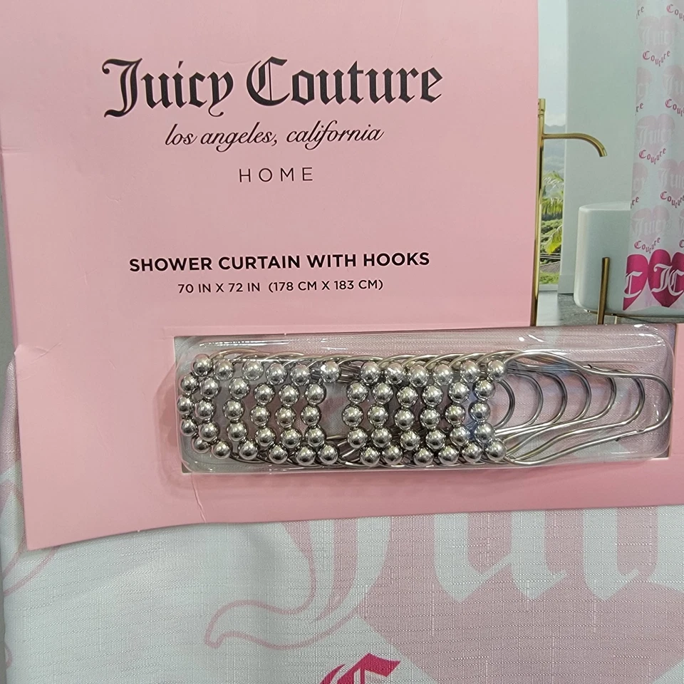 NUEVA CORTINA DE DUCHA JUICY COUTURE Tela Con GANCHOS 70x72 JC Corazones Rosa Metálico Foto 4 de 4