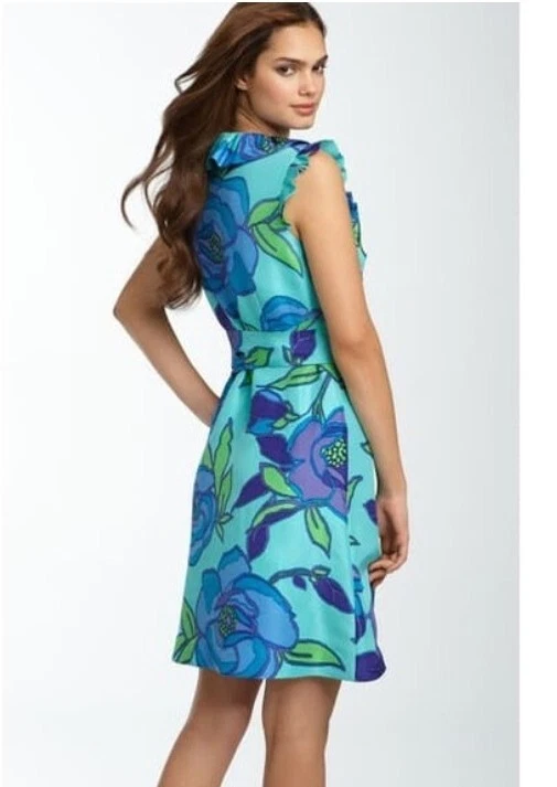 ABITO KATE SPADE AUBREY AVVOLGENTE 100% SETA CONCHIGLIA STAMPA FLOREALE FIORI BLU #C