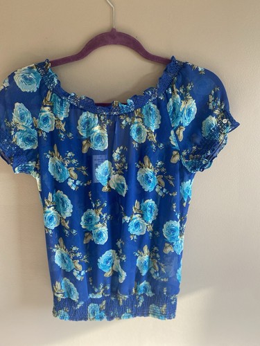 NWT Abercrombie&Fitch Women Top M Blue Floral Ruffles Sheer Romantic Blouse - Picture 10 of 10