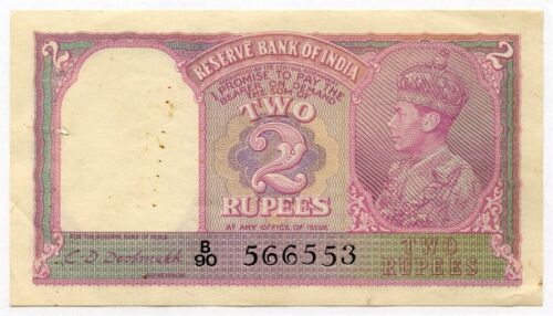INDIA 1943 KING GEORGE VI 2 RUPEES BANKNOTE SCARCE CRISP XF. Pick#17b.