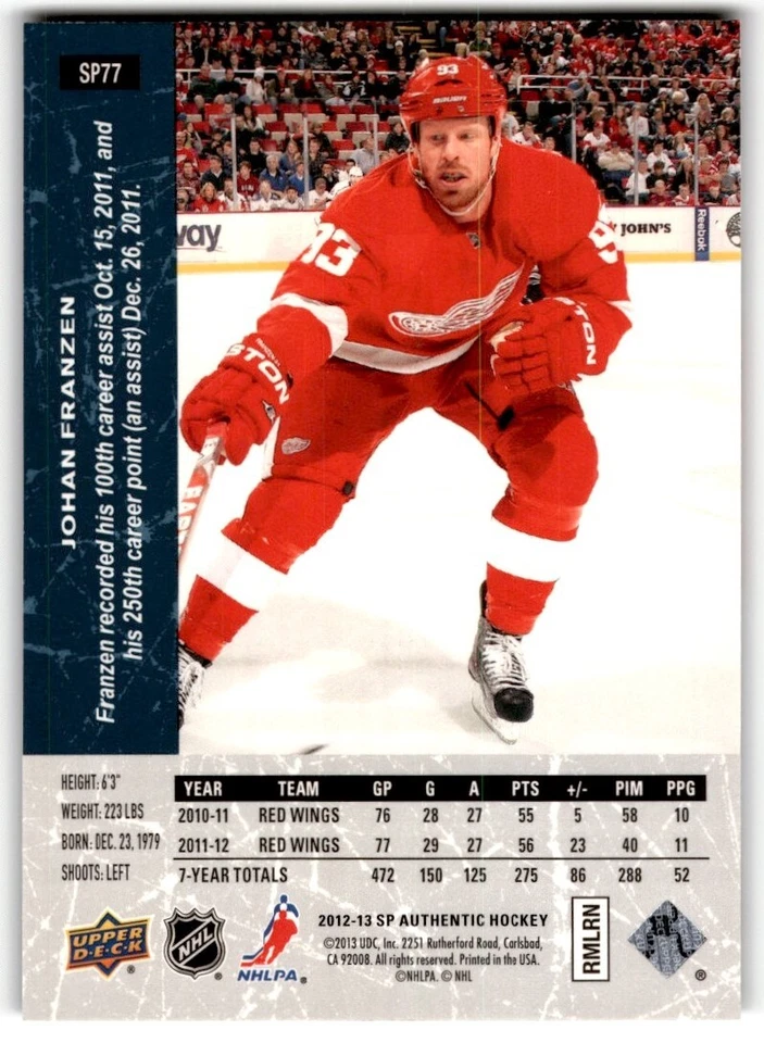 Johan Franzen 2012-13 SP Authentic '94-95 Retro #SP77 Detroit Red Wings - Image 2 of 2