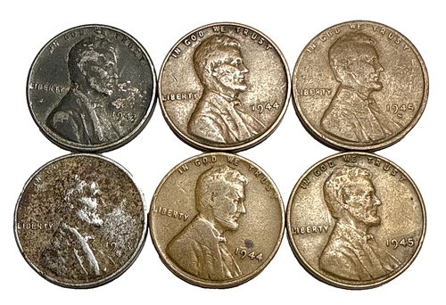 Mixed Lot of Six (6) Lincoln Wheat Pennies - US Penny Cent - 1943 1944 1945