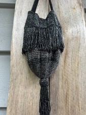 Vintage Black Glass Beaded Fringe Tassel Evening Purse Art Deco Flapper Bag