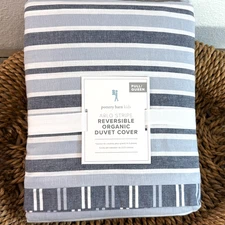 POTTERY BARN KIDS ORGANIC ARLO STRIPE REVERSIBLE DUVET COVER, FULL/QUEEN ~ BLUE