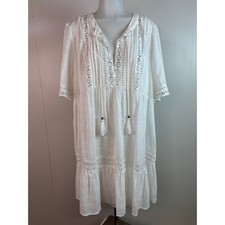 Knox Rose Babydoll Dress XL White Lace Trim Tassel Tie-Neck Boho Women