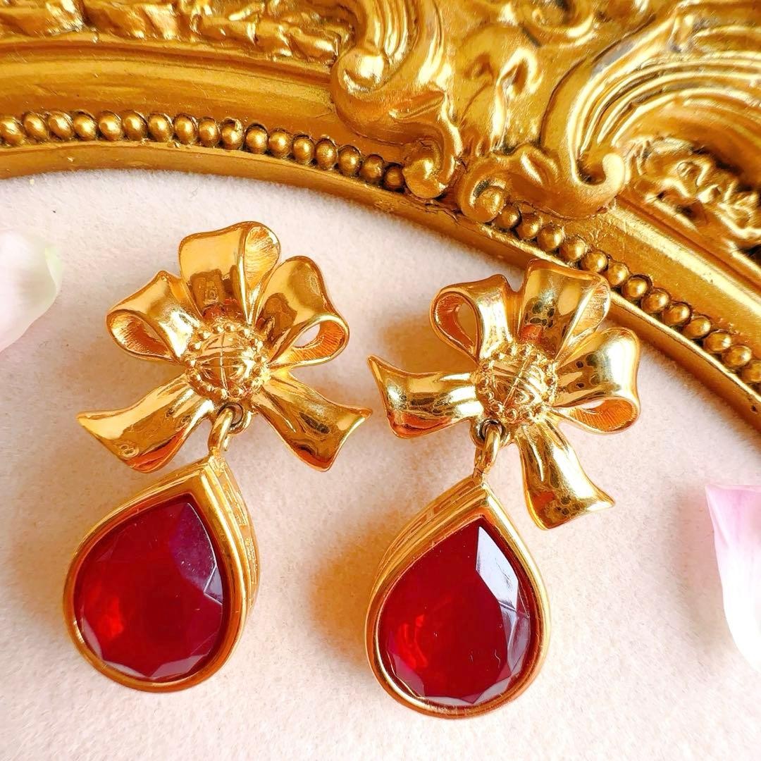 Givenchy Vintage Ruby Red Large Ribbon Earrings, … - image 2