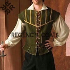 Men's Renaissance Vest, Medieval Doublet Olive green wool Elizabethan Waistcoat