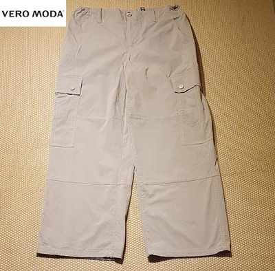 Vero Moda Women's Wide Leg Cargo Trousers Size W32 L26 Beige Cropped Pants