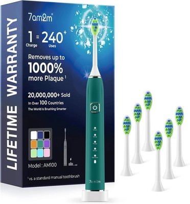 7AM2M Sonic Electric Toothbrush 6 Heads 5 Modes 120 Day Battery Green