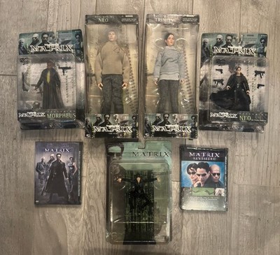 The Matrix N2 Toys 12'' Action Figure Lot Neo Morpheus Trinity Real World + DVDs