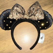 Disney Minnie Mouse Black Gold Headband Sequin Ears Fabric Bow
