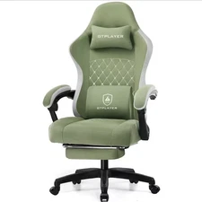 green gaming chair with cushion, armrests, and footrest