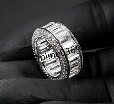 Men's Bust Down Full Eternity Band Ring 3ct Real Baguette Moissanite 925 Silver