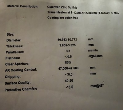 AR Coated Cleartran multi-spectral zinc sulfide