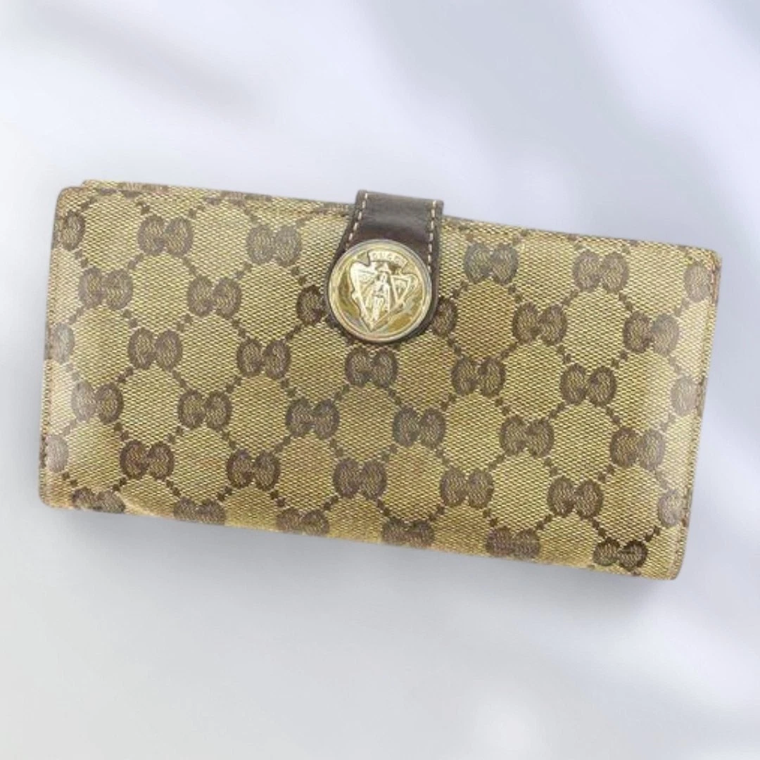 Gucci Portafoglio Lungo Con Gancio Donna Crest Cristallo GG Beige Marrone Oro