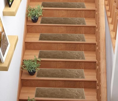 Custom Size Medium Profile Cut Pile Leaves Beige Stair Treads By Inches
