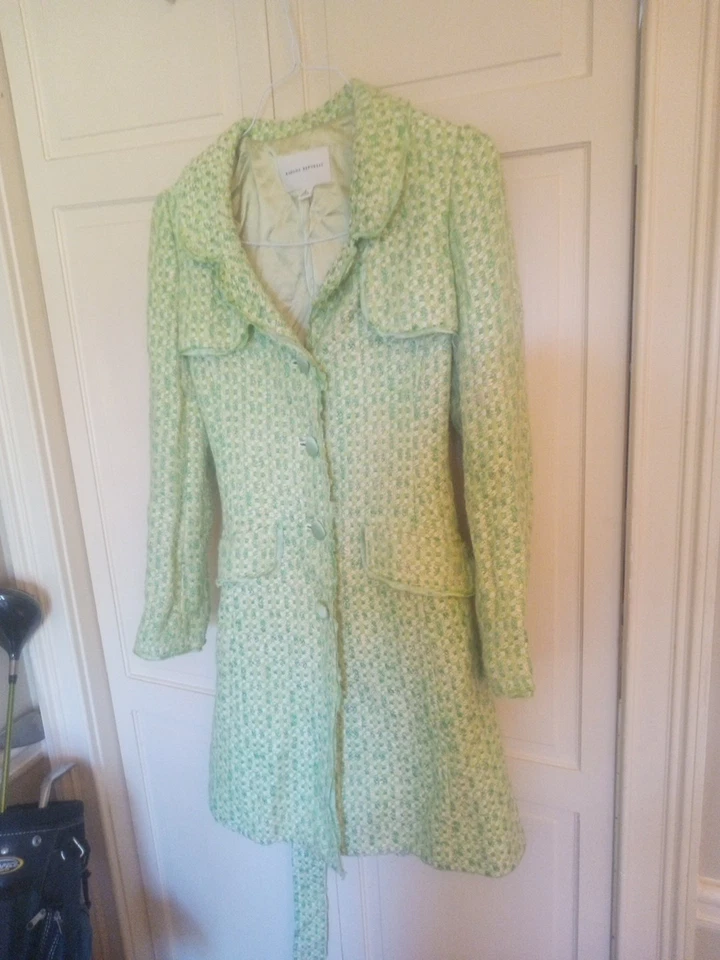 Abrigo de trechera Banana Republic verde lima blanco a cuadros tweed con cinturón talla pequeña Foto 3 de 4