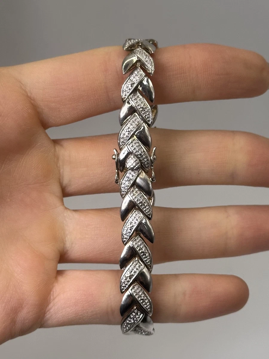 925 Sterlingsilber Diamant Akzent Chevron Welle Gliederarmband 7,5" 21,4 g