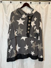 Sugarfox Star Print Waffle Knit Hoodie 2XL Gray Leopard Accents