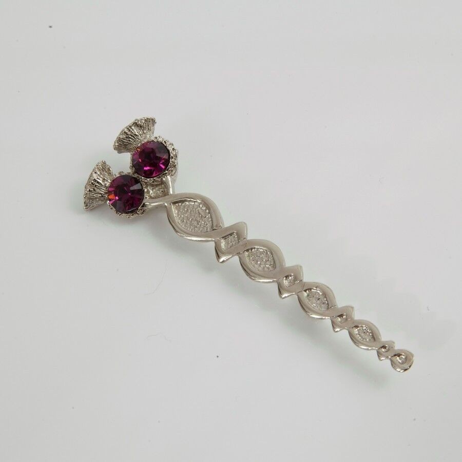 Handcrafted English Pewter Thistle kilt pin with x2 amethyst stones