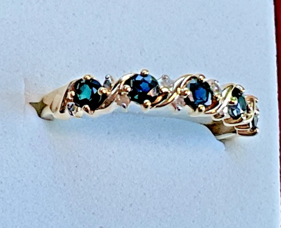 NEW 10K Yellow Gold Sapphire & Diamond Band Ring Size 8 - Image 3 of 4