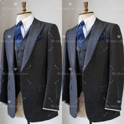 100% Cashmere Mens' Formal Suits Business Offical 3Pcs Jacket Pants Peak Lapel