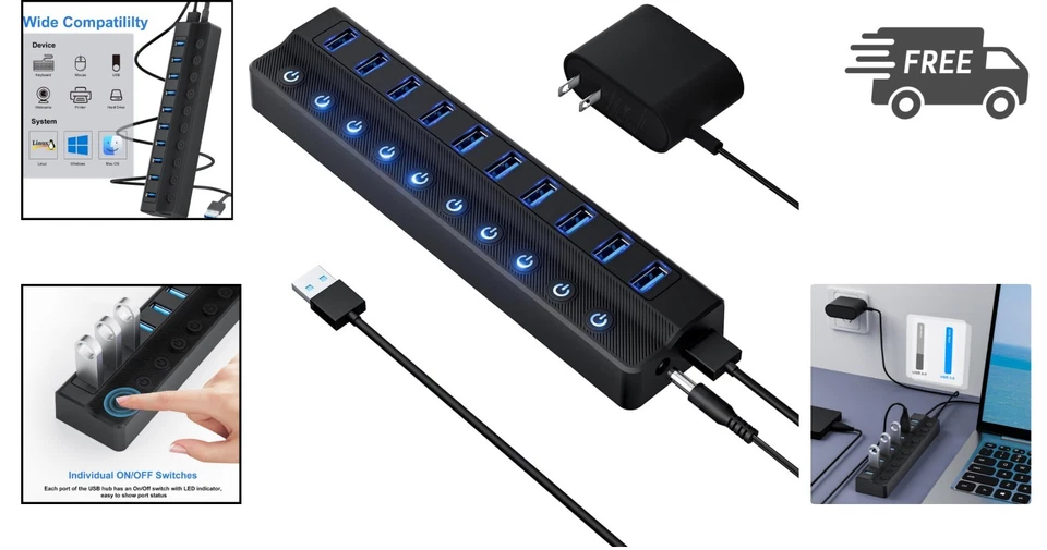 USB Hub 10 Port USB 3.0 Splitter Fast Data Transfer with Power Switches - Image 2 of 4