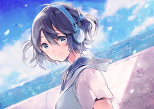 Anime girls headphones smiling blue eyes purple hair Playmat Game Mat Desk