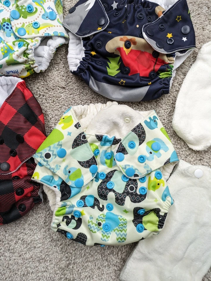 Handmade Cloth Diapers Snap 4 Pack 10 Insert Cotton Bamboo Boy Print One Size - Image 2 of 4