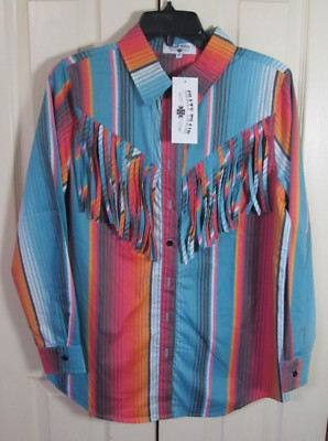 NWT Crazy Train Women's Striped Western Shirt with Fringe Size S