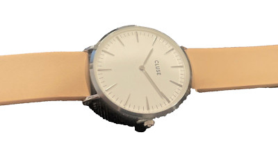 new Cluse Watch Women ladies silver white dial tan thin Round Leather Band