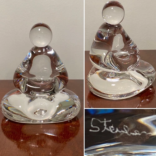 RARE Vintage Hand-Signed STEUBEN GLASS 5.5" Sitting Buddha Figurine Sculpture