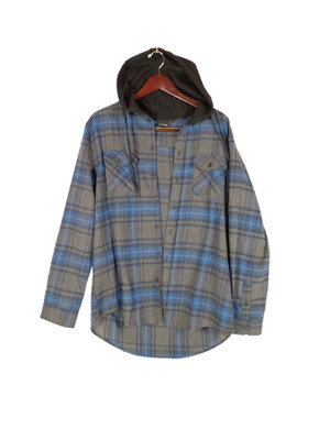 Revess Mens Flannel Shirt Blue Plaid Button Down Long Slv  Hooded Sz L