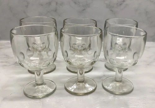 Vintage Clear Glass Thumbprint Goblet Bar Beer Thick Glass Wide Base Set Of 6