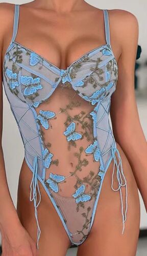Sexy Elegant Butterfly Embroidery Deep V Backless Mesh Bodysuit Teddy Sleepwear - Picture 1 of 11