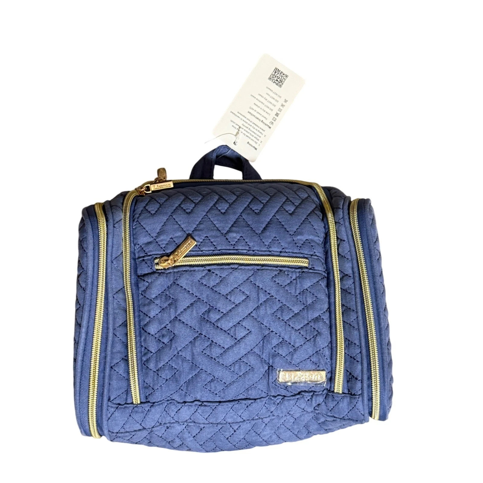 Lizzton Quilted Cosmetic Bag Toiletry Organizer Makeup Travel Hanging Blue Gold