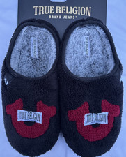 True Religion Slippers Men's Black Red Logo Faux Fur Lined Slip On Size S 7-8