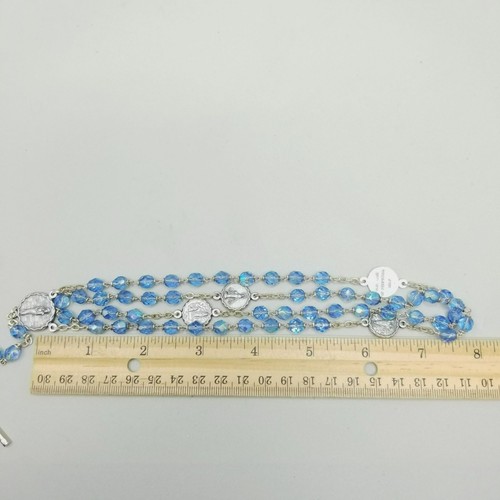 Vintage Our Lady Saint Crucifix Blue Iridescent Glass Beads Silver Tone - Picture 3 of 10