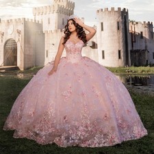 Luxury Pink Mexican QuinceaneraDress Applique Lace Beads Tull Corset Prom LaceUp